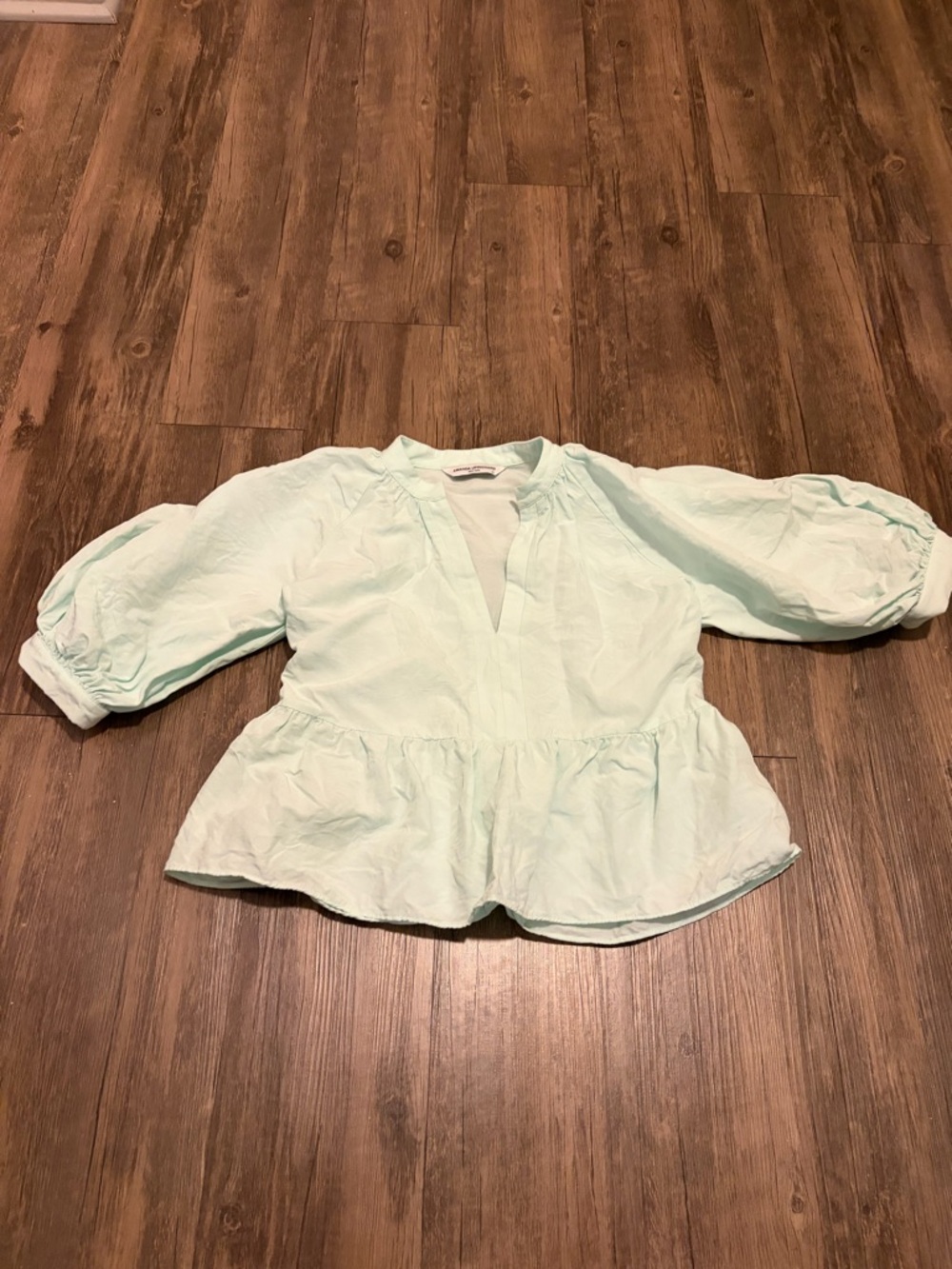 Amanda Uprichard Diego Light Blue Linen Puff Sleeve Split Neck Top Size XS